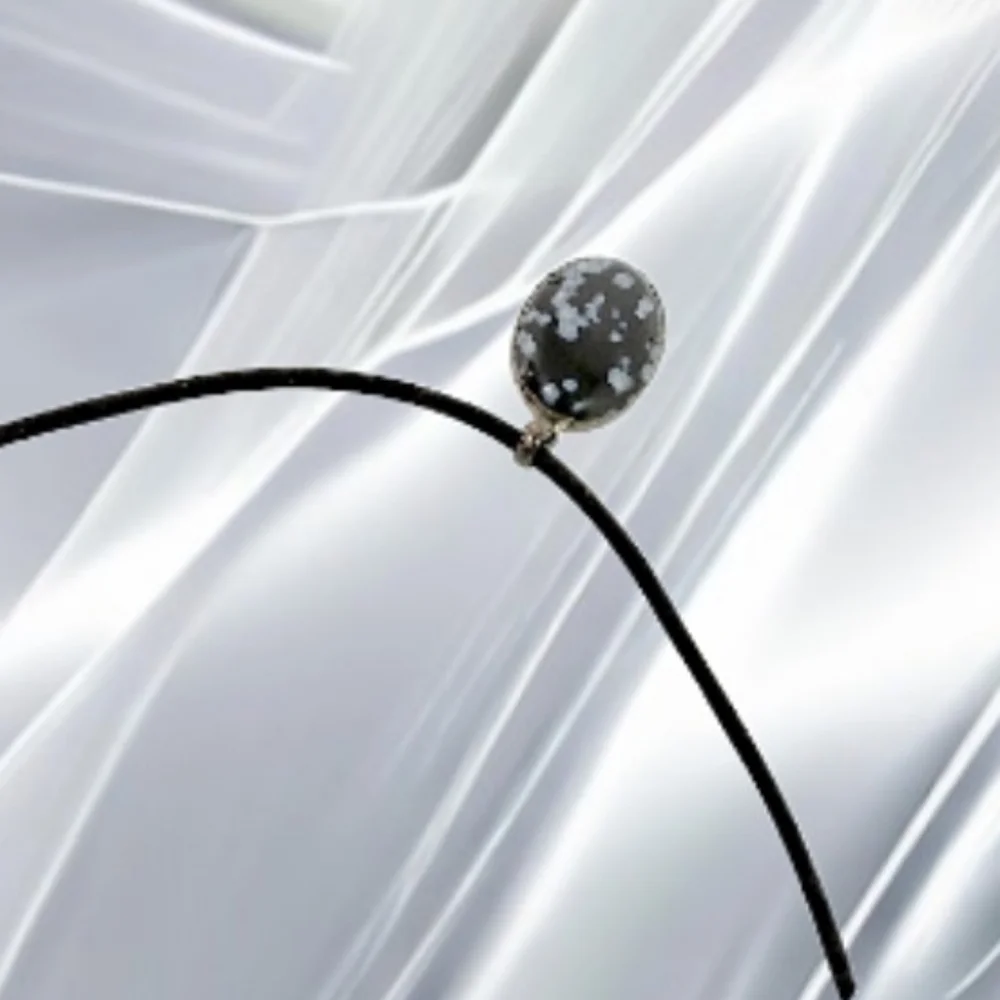 Black and Grey Cabochon Pendant with Black Cord Necklace